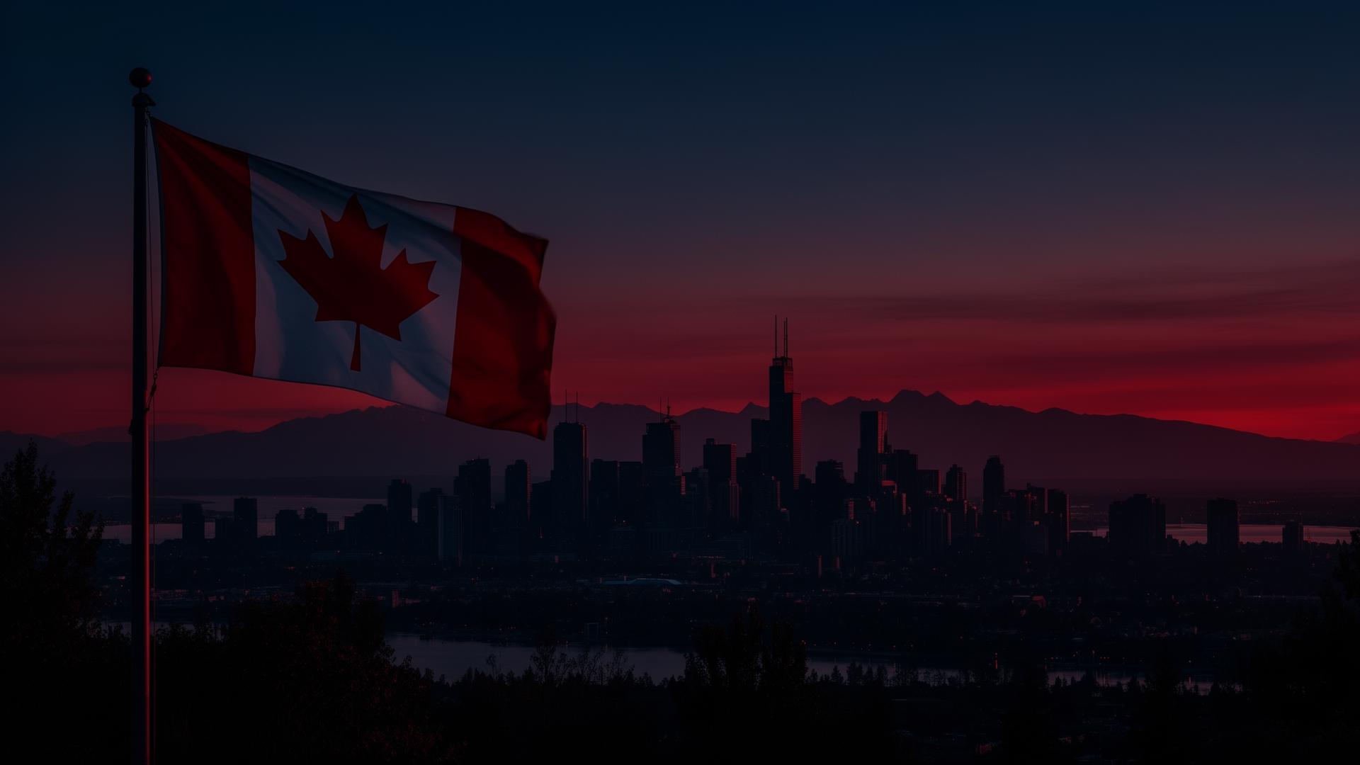 Canadian flag at dusk over a Canadian skyline